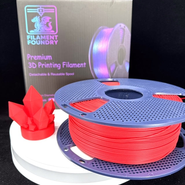 Cherry Red PLA Classic Filament - 1.75mm 1kg spool with a matching crystal sample print and Filament Foundry packaging.