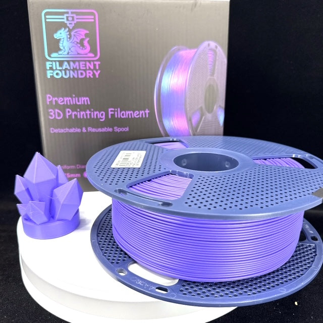 Lavender Purple PLA Matte Filament - 1.75mm 1kg spool with a matching crystal sample print and Filament Foundry packaging.