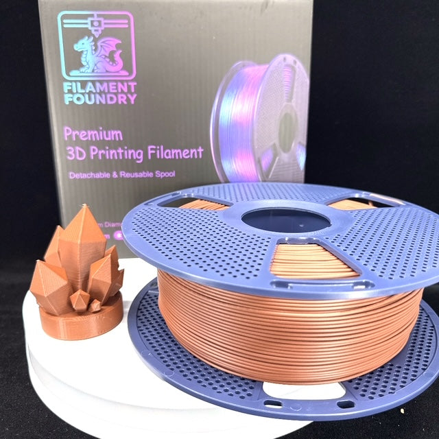 Chocolate PLA Classic Filament - 1.75mm 1kg spool with a matching crystal sample print and Filament Foundry packaging.