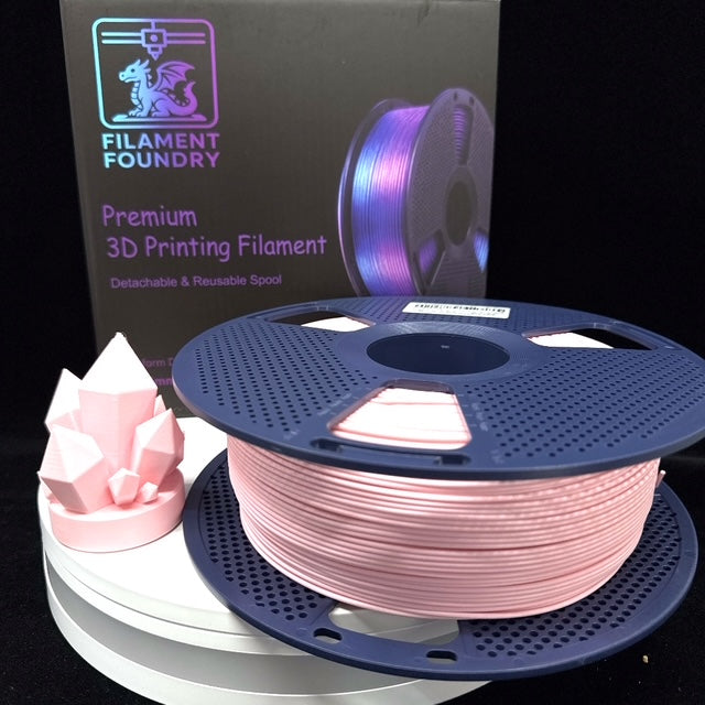 Sakura Pink PLA Classic Filament - 1.75mm 1kg spool with a matching crystal sample print and Filament Foundry packaging.