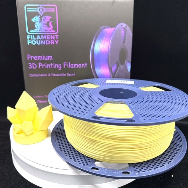 Lemon Yellow PLA Classic Filament - 1.75mm 1kg spool with a matching crystal sample print and Filament Foundry packaging.