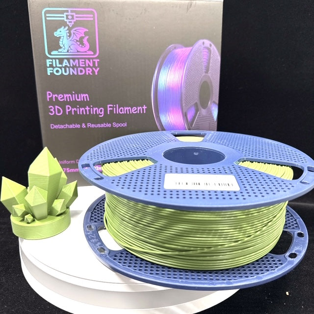 Olive Green PLA Classic Filament - 1.75mm 1kg spool with a matching crystal sample print and Filament Foundry packaging.