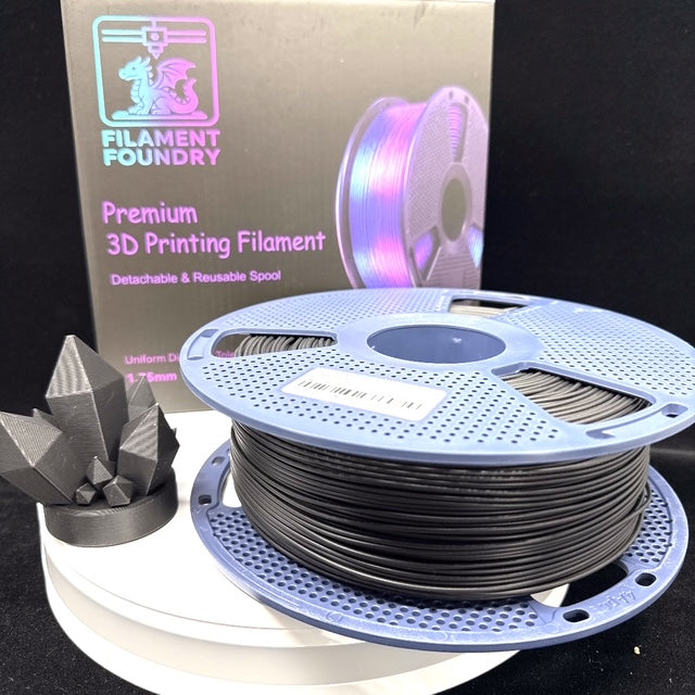Black PLA Classic Filament - 1.75mm 1kg spool with a matching crystal sample print and Filament Foundry packaging.