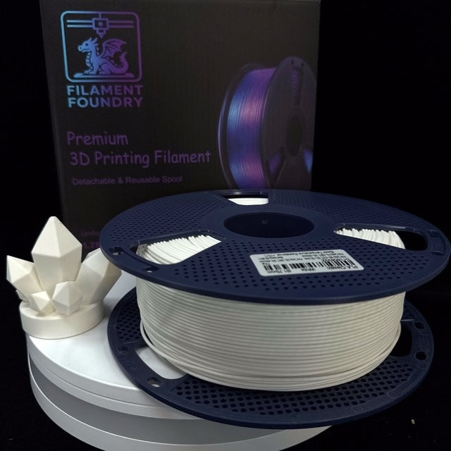 White PLA Classic Filament - 1.75mm 1kg spool with a matching crystal sample print and Filament Foundry packaging.